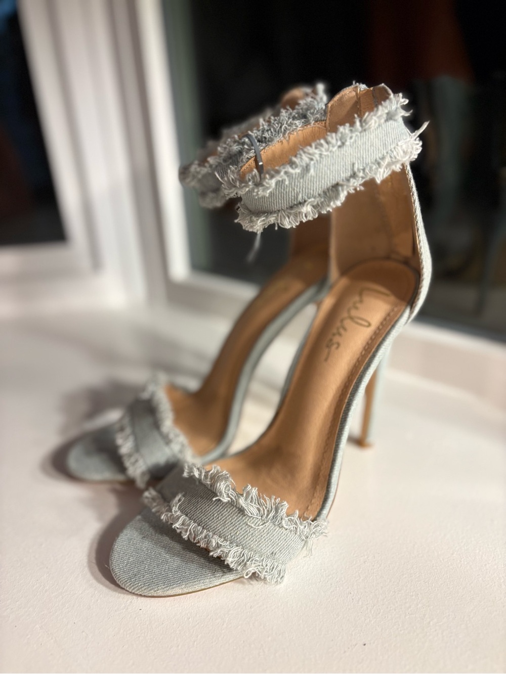 Frayed Denim Ankle-Strap High Heels - Light Blue